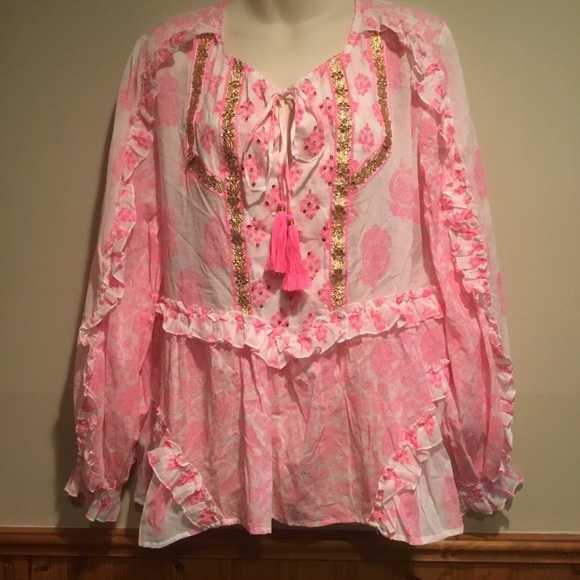 Miss June Paris Boho Size O/S long sleeve blouse excellent condition pink/gold - Picture 2 of 7